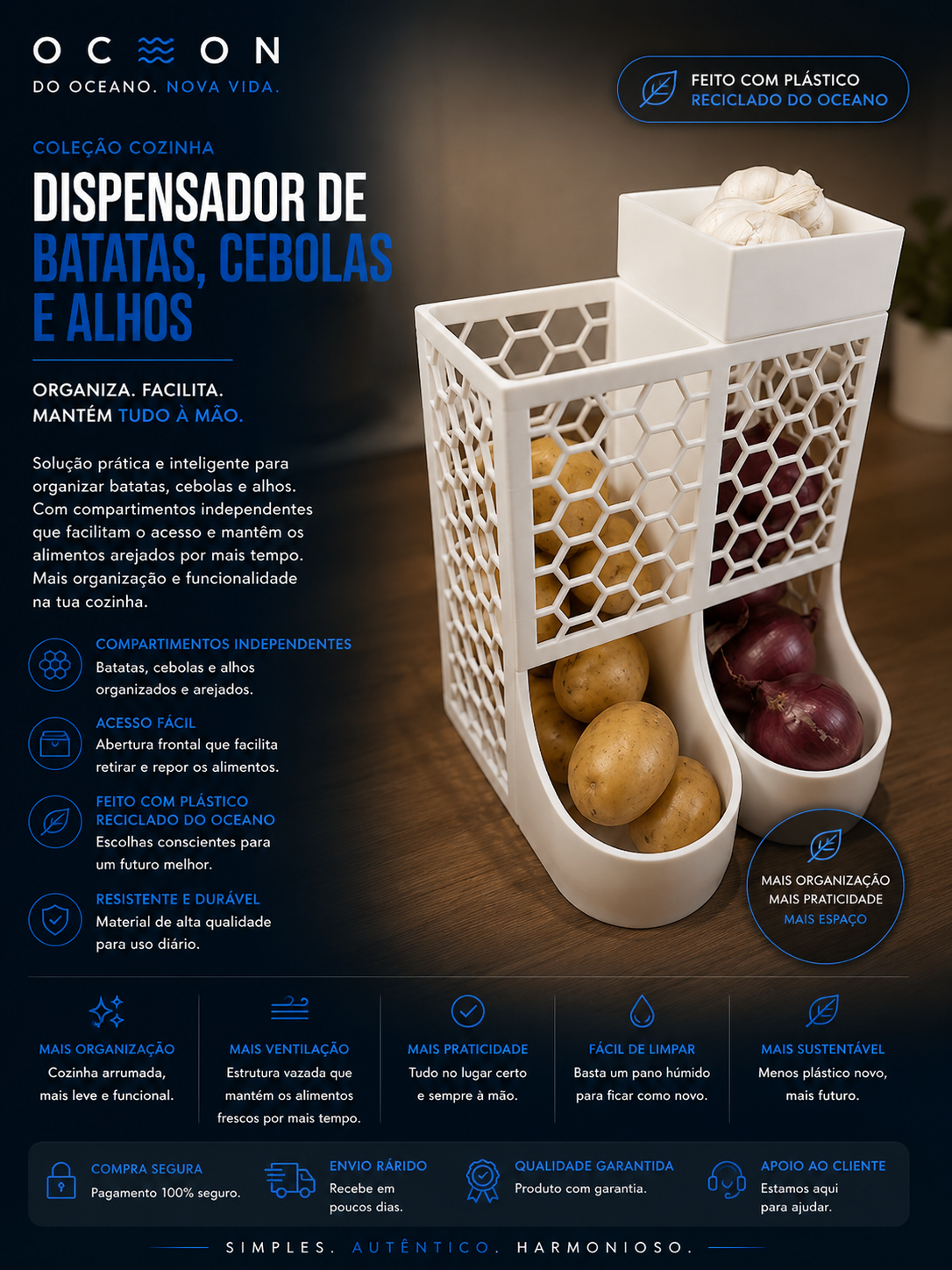 Dispensador de batatas, cebolas e alhos